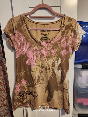 Archaic Brown Scoop Neck Tee with Pink Rose Print